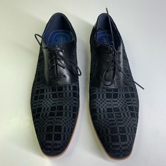 RITIZEN‎ Derby Oxford Dress Shoes Textured Velvet Leather Lace Up Black Plaid - Picture 2 of 11